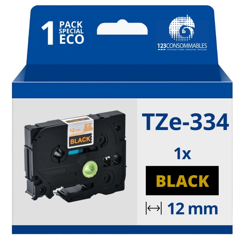 Ruban compatible Brother TZe334 - Texte doré sur fond noir - Largeur 12 mm x 8 mètres Ruban compatible Brother TZe334 - Texte doré sur fond noir - Largeur 12 mm x 8 mètres