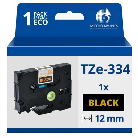 ✅ Ruban compatible Brother TZe334 - Texte doré sur fond noir - Largeur 12 mm x 8 mètres couleur Or/noir en stock