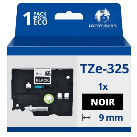 ✅ Ruban compatible Brother TZe325 - Texte blanc sur fond noir couleur Blanc/noir en stock