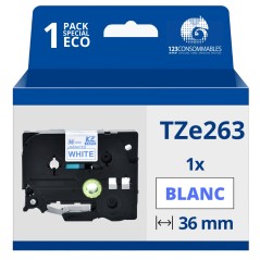 ✅ Ruban compatible Brother TZe263 - Texte bleu sur fond blanc couleur Bleu/blanc en stock