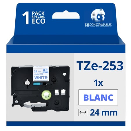 ✅ Ruban compatible Brother TZe253 - Texte bleu sur fond blanc couleur Bleu/blanc en stock