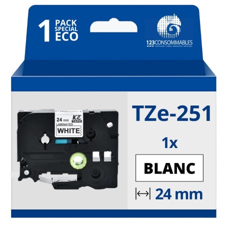 ✅ Ruban compatible Brother TZe251 - Texte noir sur fond blanc couleur Noir/blanc en stock