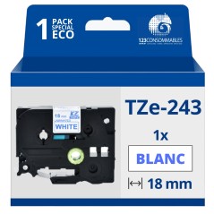 ✅ Ruban compatible Brother TZe243 - Texte bleu sur fond blanc - Largeur 18 mm x 8 mètres couleur Bleu/blanc en stock