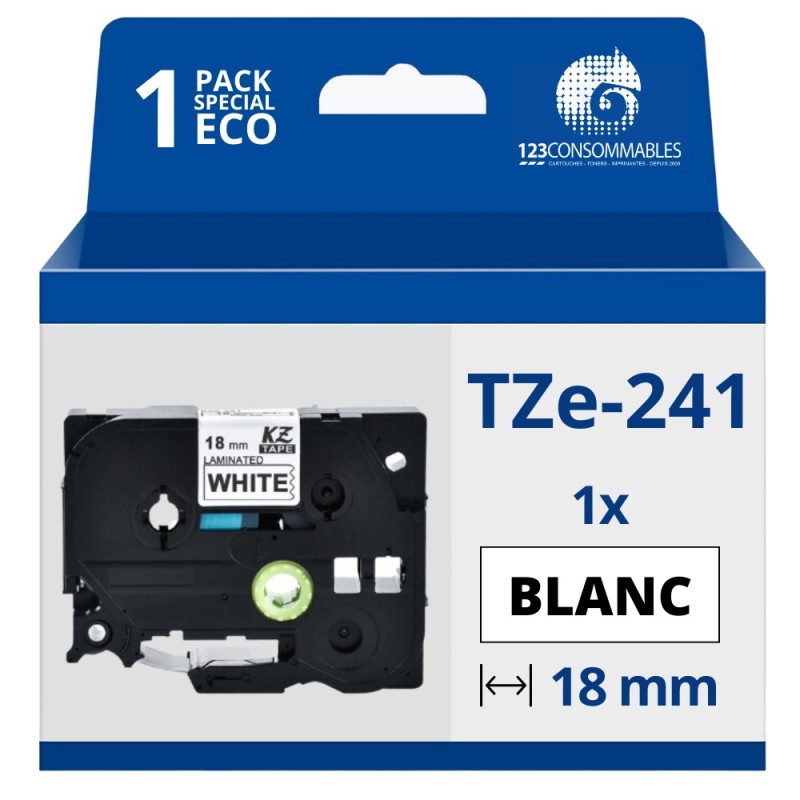 Ruban compatible Brother TZe241 - Texte noir sur fond blanc - Largeur 18 mm x 8 mètres Ruban compatible Brother TZe241 - Texte noir sur fond blanc - Largeur 18 mm x 8 mètres