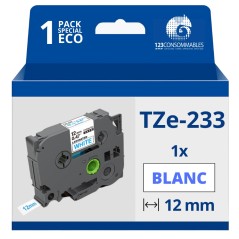 ✅ Ruban compatible Brother TZe233 - Texte bleu sur fond blanc - Largeur 12 mm x 8 mètres couleur Bleu/blanc en stock