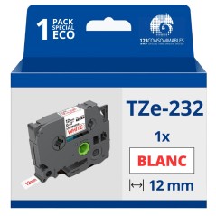 ✅ Ruban compatible Brother TZe232 - Texte rouge sur fond blanc - Largeur 12 mm x 8 mètres couleur Rouge/blanc en stock