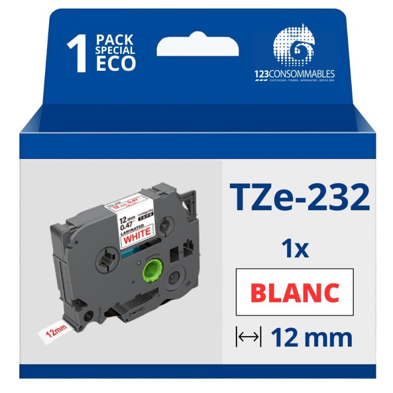 Ruban compatible Brother TZe232 - Texte rouge sur fond blanc - Largeur 12 mm x 8 mètres Ruban compatible Brother TZe232 - Texte rouge sur fond blanc - Largeur 12 mm x 8 mètres