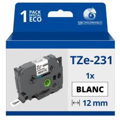 ✅ Ruban compatible Brother TZe-231 - Texte noir sur fond blanc - Largeur 12 mm x 8 mètres couleur Noir/blanc en stock