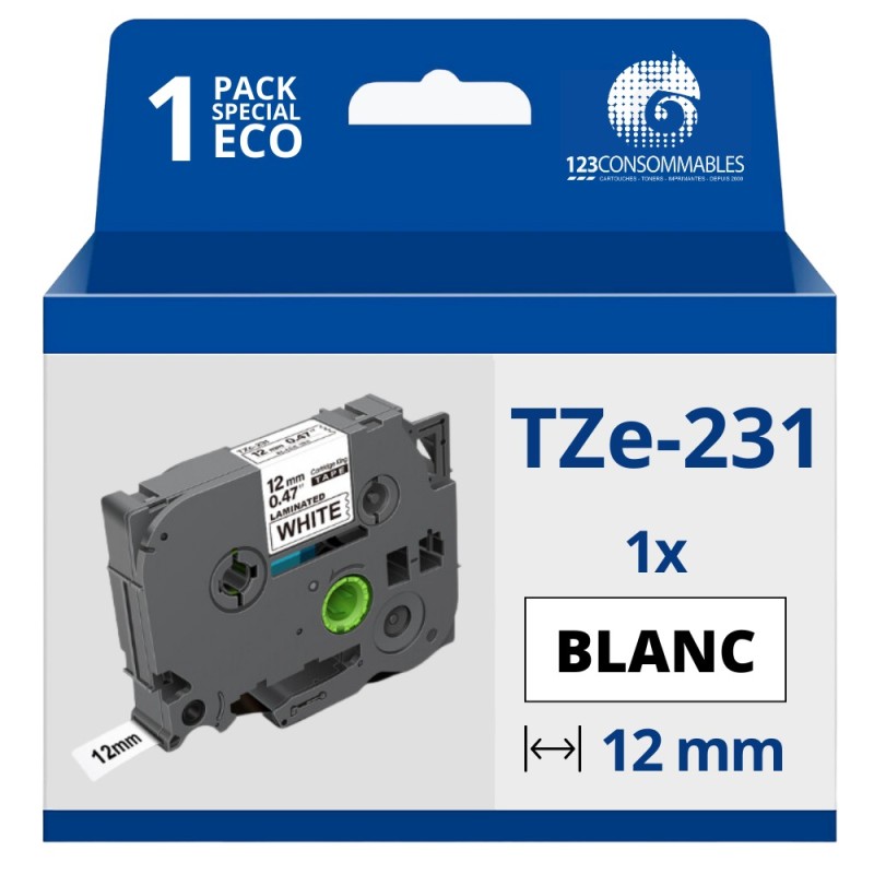 Ruban compatible Brother TZe-231 - Texte noir sur fond blanc - Largeur 12 mm x 8 mètres
