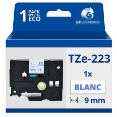 ✅ Ruban compatible Brother TZe223 - Texte bleu sur fond blanc couleur Bleu/blanc en stock