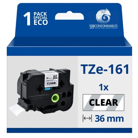 ✅ Ruban compatible Brother TZe161 - Texte noir sur fond transparent couleur Noir/transparent en stock