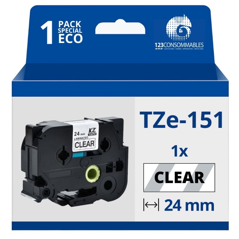 Ruban compatible Brother TZe151 - Texte noir sur fond transparent Ruban compatible Brother TZe151 - Texte noir sur fond transparent