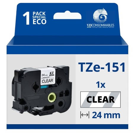 ✅ Ruban compatible Brother TZe151 - Texte noir sur fond transparent couleur Noir/transparent en stock