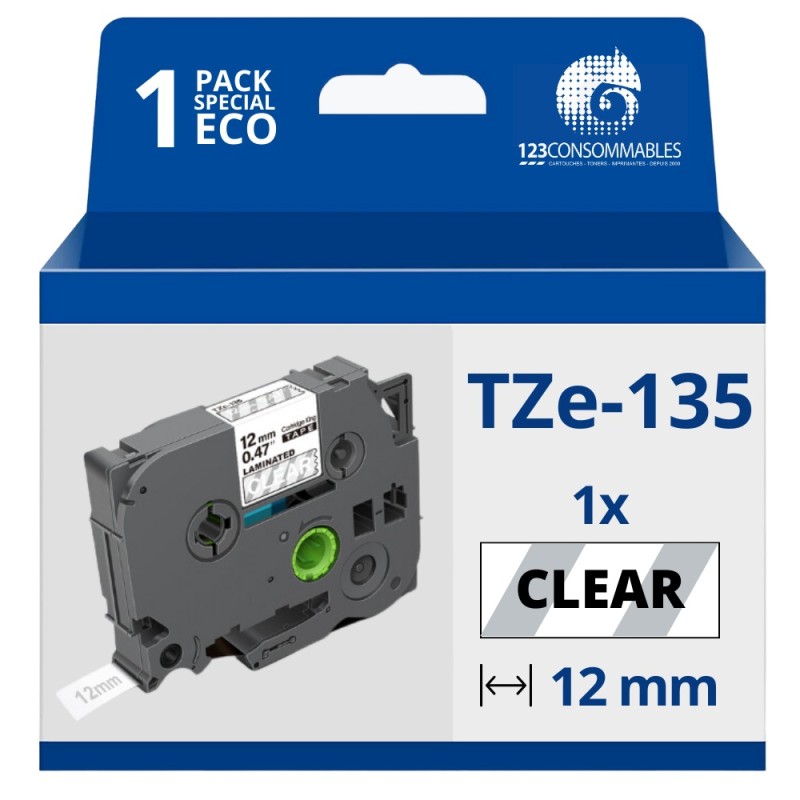 Ruban compatible Brother TZe135 - Texte blanc sur fond transparent - Largeur 12 mm x 8 mètres Ruban compatible Brother TZe135 - Texte blanc sur fond transparent - Largeur 12 mm x 8 mètres