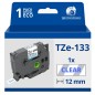 Ruban compatible Brother TZe133 - Texte bleu sur fond transparent - Largeur 12 mm x 8 mètres Ruban compatible Brother TZe133 - Texte bleu sur fond transparent - Largeur 12 mm x 8 mètres