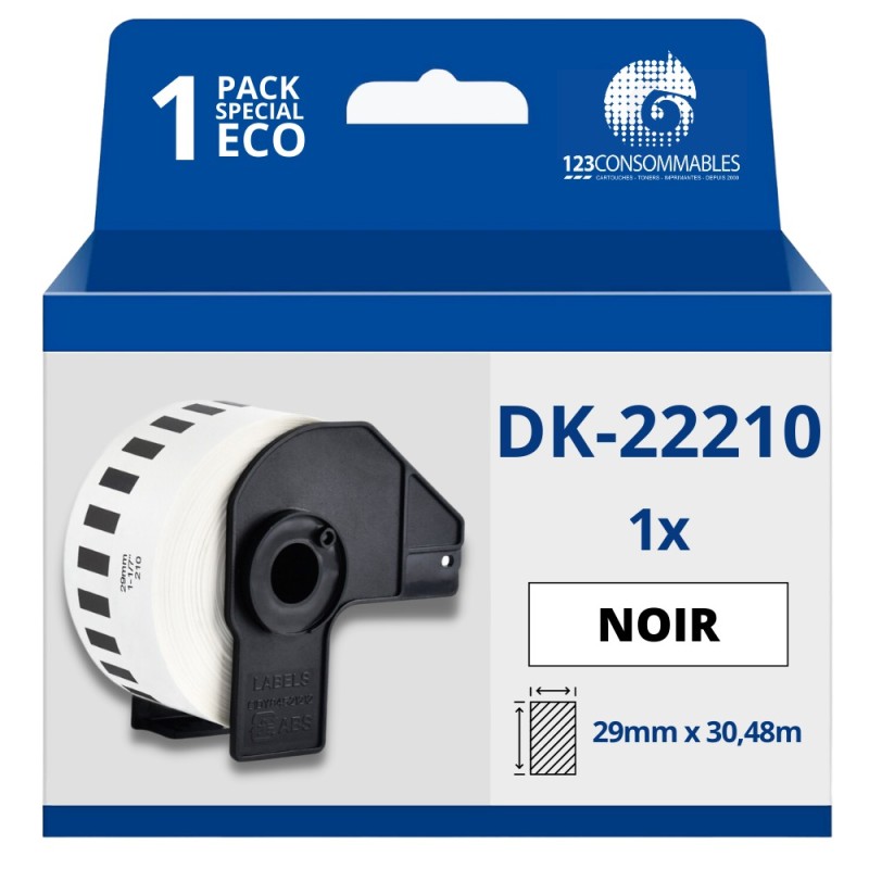 Étiquettes compatibles Brother DK22210 - Largeur 29 mm x 30,48 mètres - Texte noir sur fond blanc Étiquettes compatibles Brother DK22210 - Largeur 29 mm x 30,48 mètres - Texte noir sur fond blanc