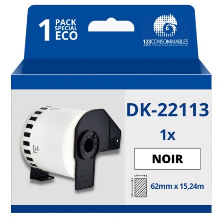 ✅ Étiquettes compatibles Brother DK22113 - Largeur 62 mm x 15,24 mètres - Texte noir sur fond transparent coul en stock