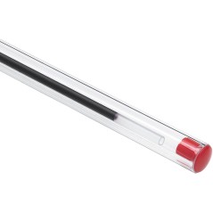 Tube transparent stylo noir capuchon rouge