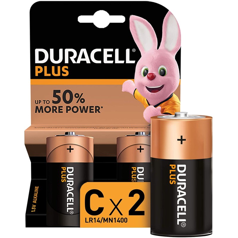 Piles alcalines Duracell C Plus LR14 1.5V - 2 Unités
