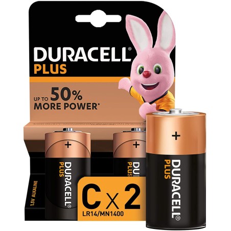 ✅ Piles alcalines Duracell C Plus LR14 1.5V - 2 Unités en stock