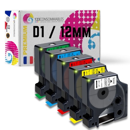 ✅ Pack de 5 Rubans compatible avec DYMO D1 - Texte noir sur fond plusieurs couleurs - Largeur 12 mm x 7 mètres en stock