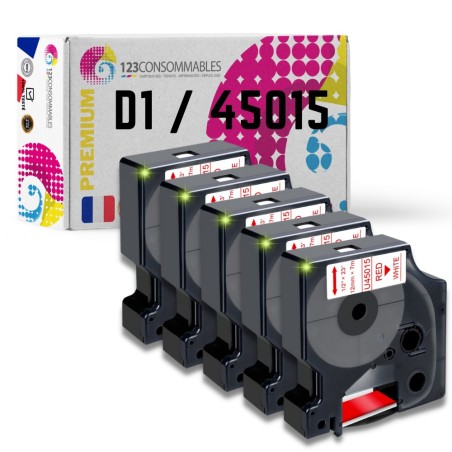 ✅ Pack de 5 Rubans compatible avec DYMO D1 45015 - Texte rouge sur fond blanc - Largeur 12 mm x 7 mètres couleu en stock
