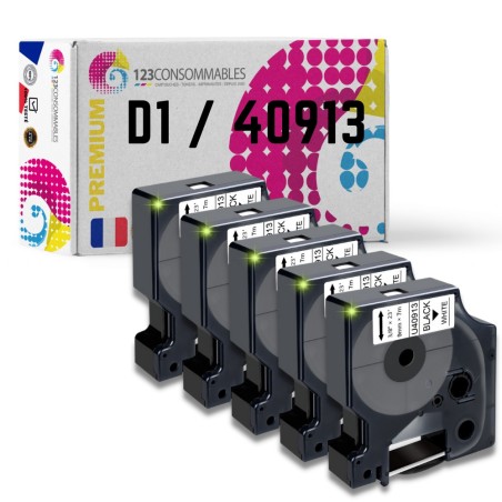 ✅ Pack de 5 Rubans compatible avec DYMO D1 40913 - Texte noir sur fond blanc - Largeur 9 mm x 7 mètres couleur en stock