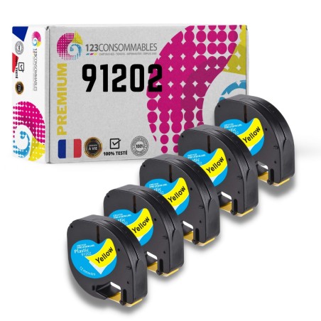 ✅ Pack de 5 Rubans compatible avec DYMO Letratag 91202 noir sur jaune couleur Noir/jaune en stock