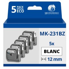 ✅ Pack de 5 Rubans compatible avec Brother MK-231BZ - Texte noir sur fond blanc - Largeur 12 mm x 4 mètres coul en stock