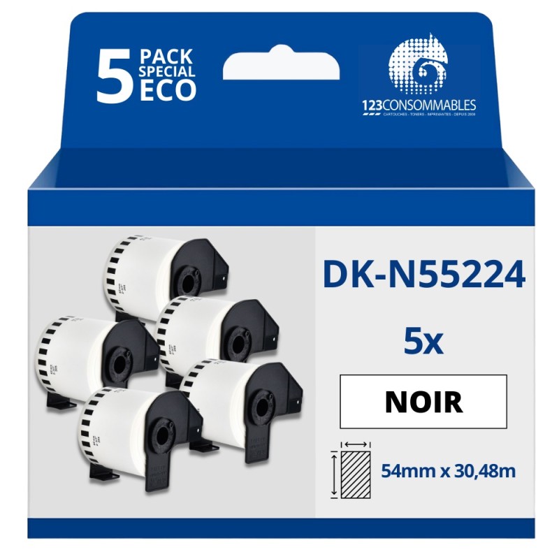 Pack de 5 Rouleaux Étiquettes non adhésives compatible BROTHER DK-N55224 - Largeur 54 mm x 30,48 m