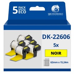✅ Pack de 5 Rouleaux Étiquettes compatible BROTHER DK-22606 - Largeur 62 mm x 15,24 m - Texte noir sur fond jau en stock