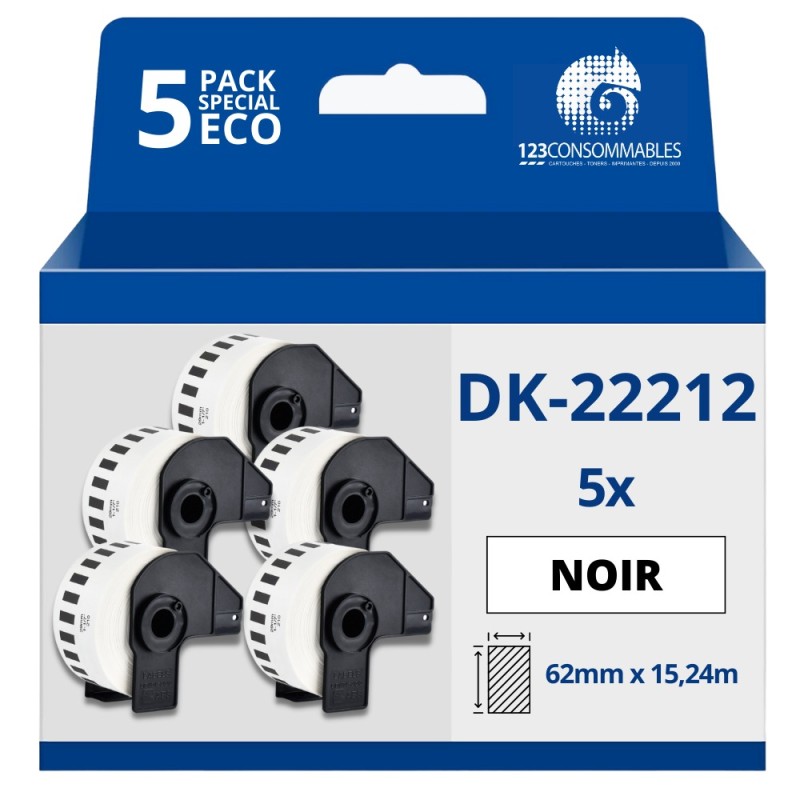 Pack de 5 Rouleaux Étiquettes compatible BROTHER DK-22212 - Largeur 62 mm x 15,24 m Pack de 5 Rouleaux Étiquettes compatible BROTHER DK-22212 - Largeur 62 mm x 15,24 m