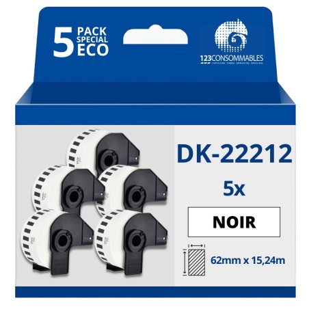 ✅ Pack de 5 Rouleaux Étiquettes compatible BROTHER DK-22212 - Largeur 62 mm x 15,24 m en stock