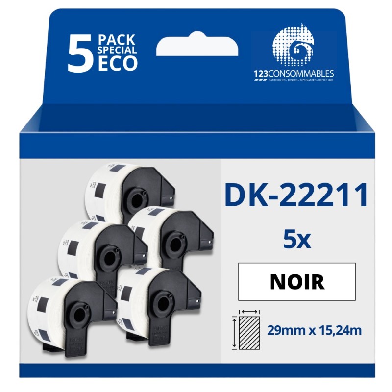 Pack de 5 Rouleaux Étiquettes compatible BROTHER DK-22211 - Largeur 29 mm x 15,24 m Pack de 5 Rouleaux Étiquettes compatible BROTHER DK-22211 - Largeur 29 mm x 15,24 m