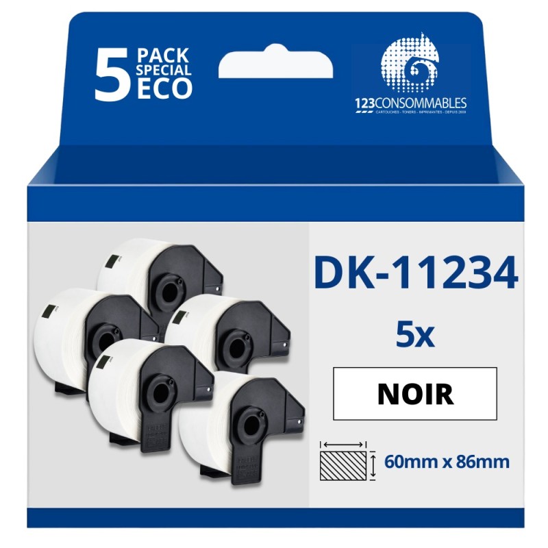 Pack de 5 Rouleaux Étiquettes d'identification prédécoupées compatible avec BROTHER DK-11234 - 60x86 mm - 260 unités - Texte Pack de 5 Rouleaux Étiquettes d'identification prédécoupées compatible avec BROTHER DK-11234 - 60x86 mm - 260 unités - Texte