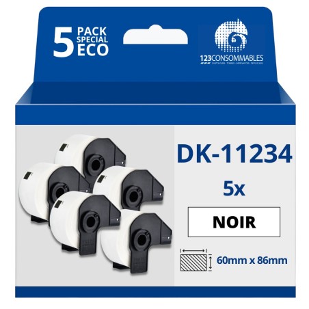 ✅ Pack de 5 Rouleaux Étiquettes d'identification prédécoupées compatible avec BROTHER DK-11234 - 60x86 mm - en stock