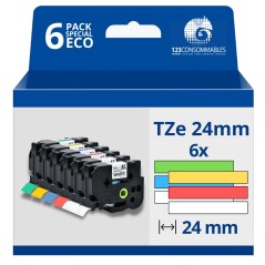 ✅ Pack de 6 Rubans compatible avec Brother - Texte noir sur fond couleurs - Largeur 24 mm x 8 mètres couleur No en stock