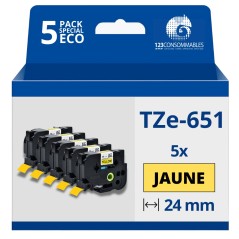 ✅ Pack de 5 Rubans compatible avec Brother TZe651 - Texte noir sur fond jaune - Largeur 24 mm x 8 mètres couleu en stock