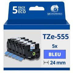 ✅ Pack de 5 Rubans compatible avec Brother TZe555 - Texte blanc sur fond bleu - Largeur 24 mm x 8 mètres couleu en stock