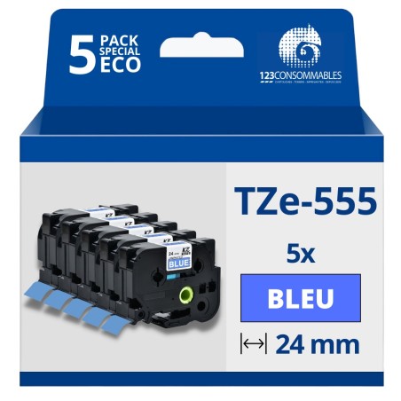 ✅ Pack de 5 Rubans compatible avec Brother TZe555 - Texte blanc sur fond bleu - Largeur 24 mm x 8 mètres couleu en stock
