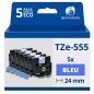Pack de 5 Rubans compatible avec Brother TZe555 - Texte blanc sur fond bleu - Largeur 24 mm x 8 mètres Pack de 5 Rubans compatible avec Brother TZe555 - Texte blanc sur fond bleu - Largeur 24 mm x 8 mètres