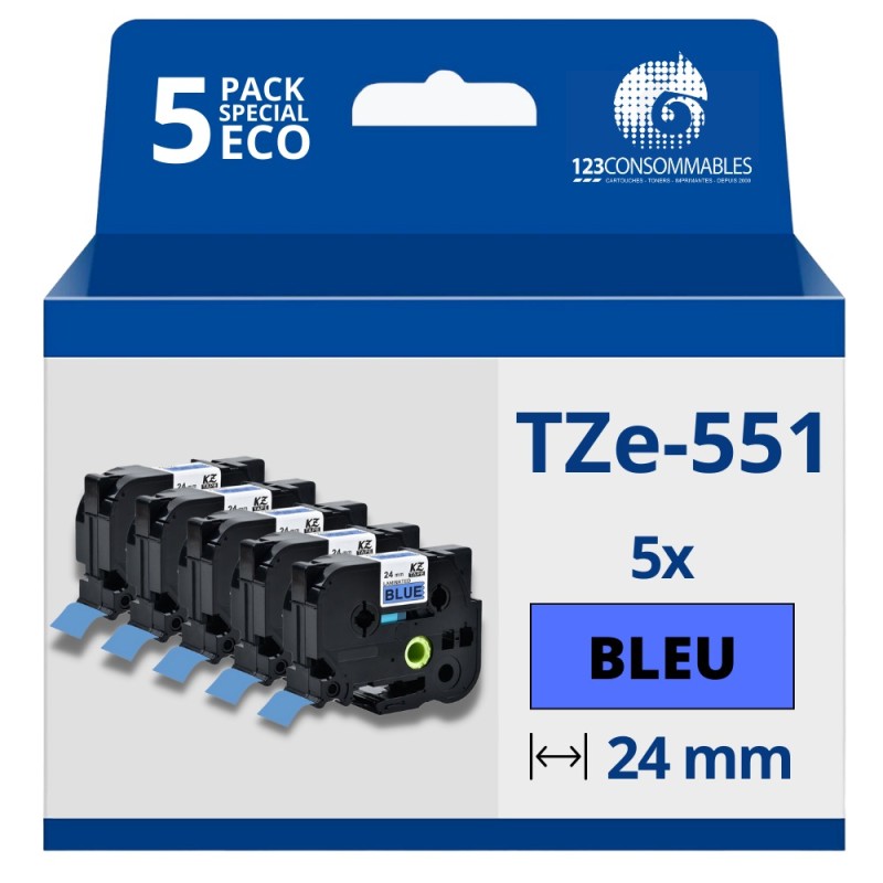 Pack de 5 Rubans compatible avec Brother TZe551 - Texte noir sur fond bleu - Largeur 24 mm x 8 mètres Pack de 5 Rubans compatible avec Brother TZe551 - Texte noir sur fond bleu - Largeur 24 mm x 8 mètres