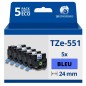 Pack de 5 Rubans compatible avec Brother TZe551 - Texte noir sur fond bleu - Largeur 24 mm x 8 mètres Pack de 5 Rubans compatible avec Brother TZe551 - Texte noir sur fond bleu - Largeur 24 mm x 8 mètres