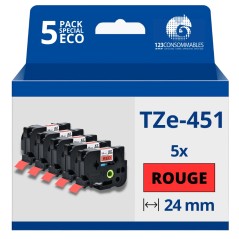 ✅ Pack de 5 Rubans compatible avec Brother TZe451 - Texte noir sur fond rouge - Largeur 24 mm x 8 mètres couleu en stock
