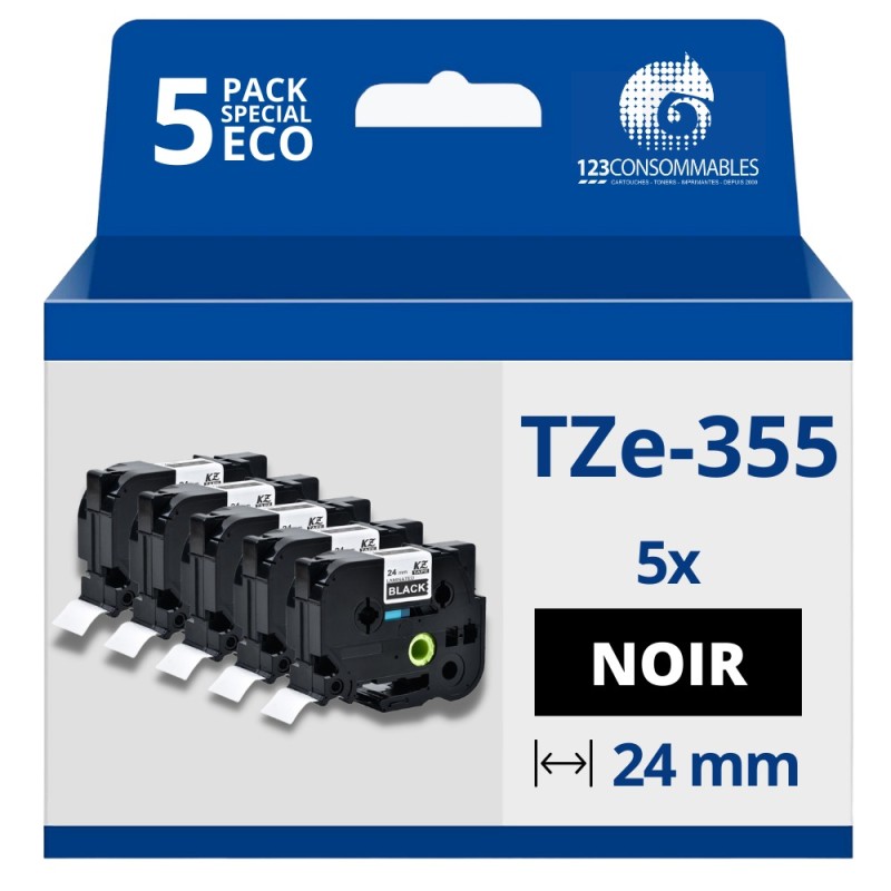 Pack de 5 Rubans compatible avec Brother TZe355 - Texte blanc sur fond noir - Largeur 24 mm x 8 mètres Pack de 5 Rubans compatible avec Brother TZe355 - Texte blanc sur fond noir - Largeur 24 mm x 8 mètres