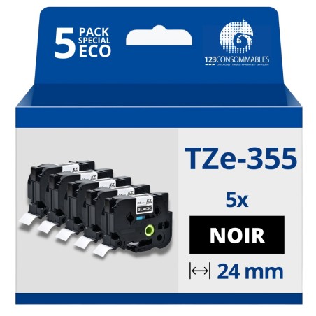 ✅ Pack de 5 Rubans compatible avec Brother TZe355 - Texte blanc sur fond noir - Largeur 24 mm x 8 mètres en stock