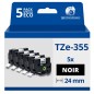 Pack de 5 Rubans compatible avec Brother TZe355 - Texte blanc sur fond noir - Largeur 24 mm x 8 mètres Pack de 5 Rubans compatible avec Brother TZe355 - Texte blanc sur fond noir - Largeur 24 mm x 8 mètres