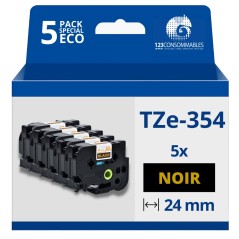 ✅ Pack de 5 Rubans compatible avec Brother TZe354- Texte doré sur fond noir - Largeur 24 mm x 8 mètres couleur en stock