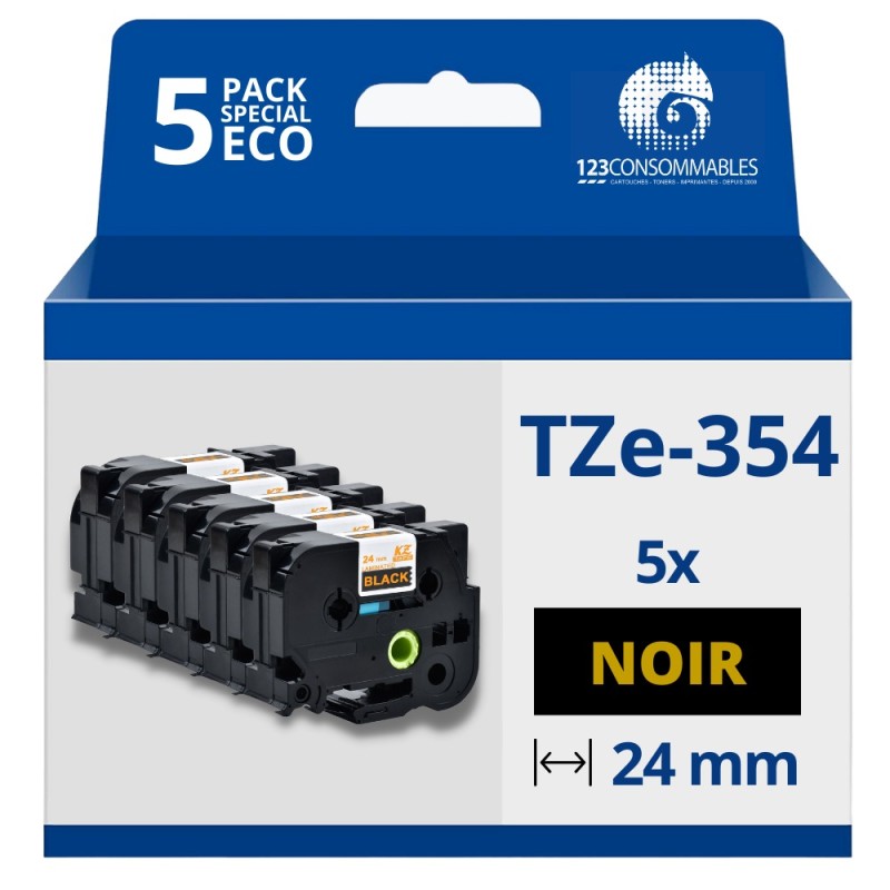 Pack de 5 Rubans compatible avec Brother TZe354- Texte doré sur fond noir - Largeur 24 mm x 8 mètres Pack de 5 Rubans compatible avec Brother TZe354- Texte doré sur fond noir - Largeur 24 mm x 8 mètres