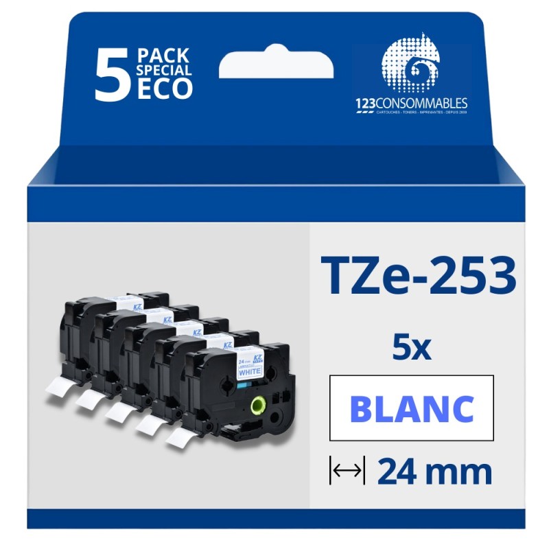 Pack de 5 Rubans compatible avec Brother TZe253- Texte bleu sur fond blanc - Largeur 24 mm x 8 mètres Pack de 5 Rubans compatible avec Brother TZe253- Texte bleu sur fond blanc - Largeur 24 mm x 8 mètres